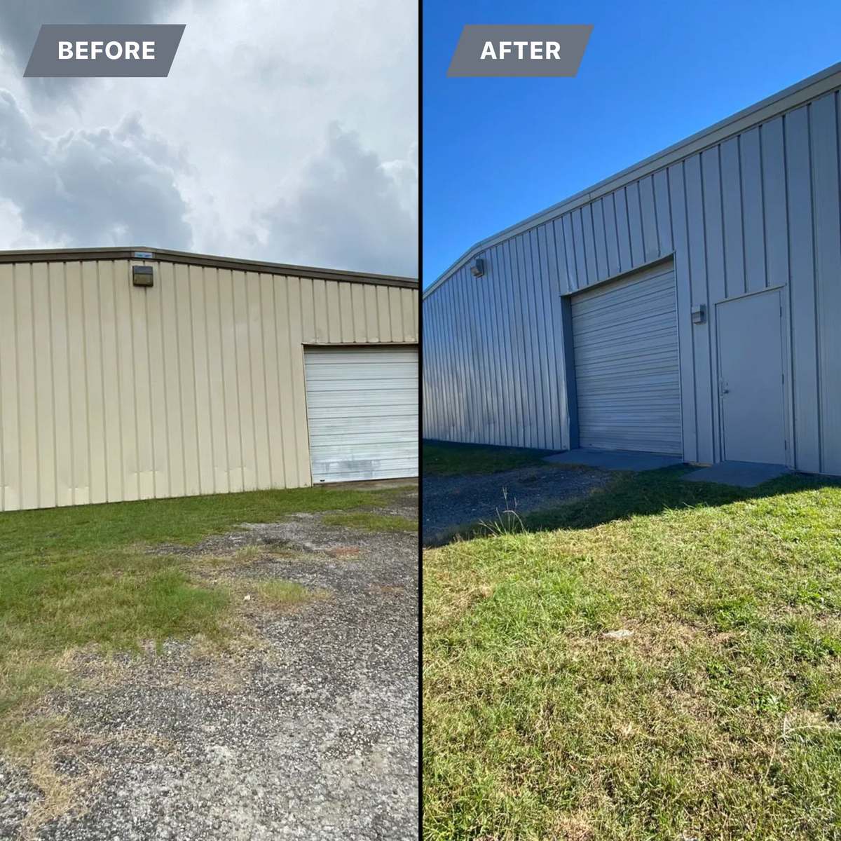 Before and after pressure washing a commercial metal building near Lamar SC