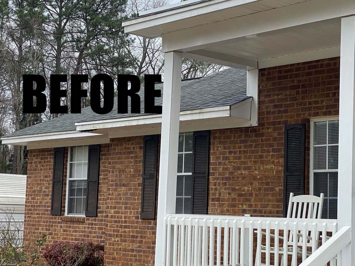 Before and after exterior painting on a brick home